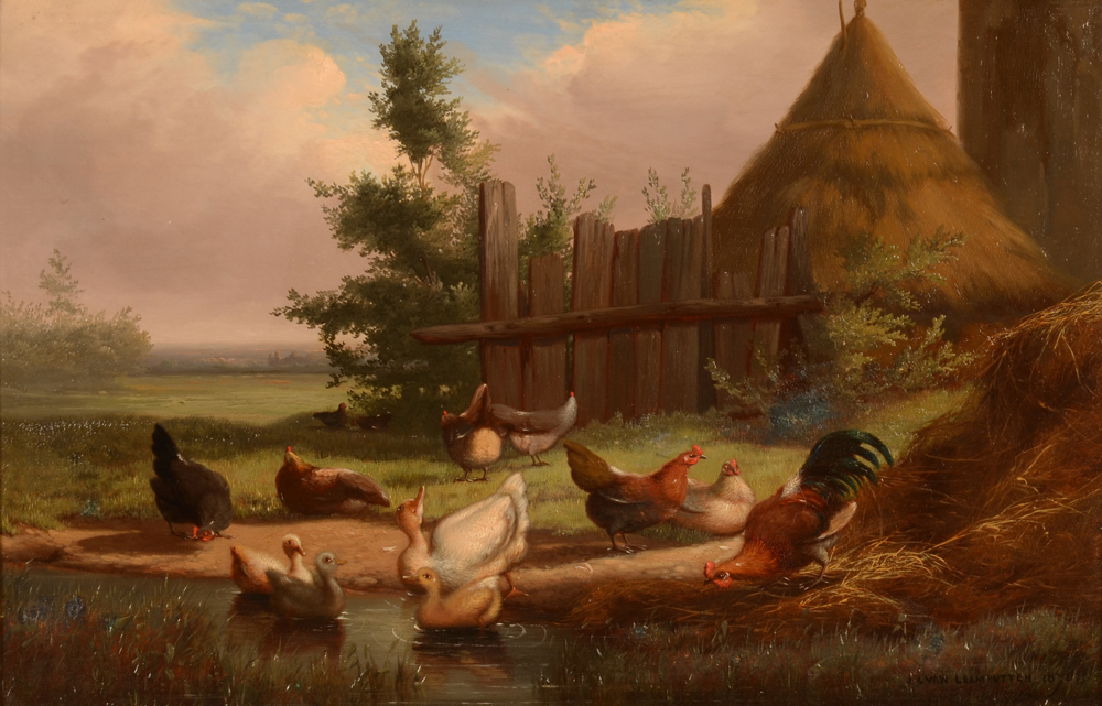 J.L. Van Leemputten — Volaille près d'un étang, huile sur panneau signée et datée 1870