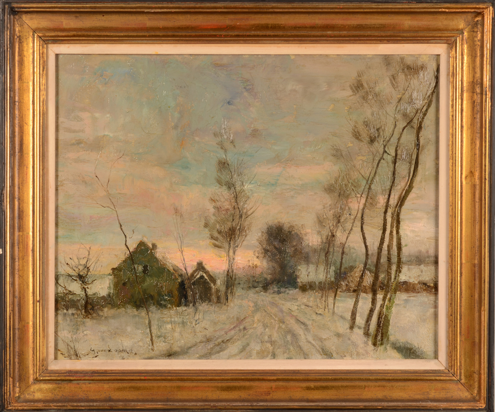 Gustave Van Loon — Paysage de neige dans le style typique de l'artiste, huile sur toile, signe