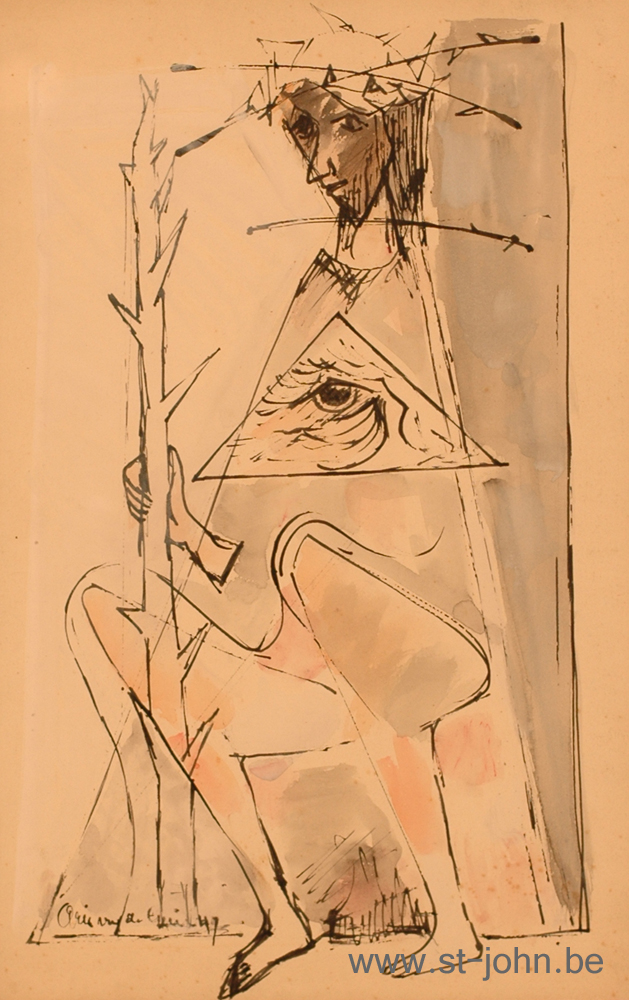 Arie Van de Giessen — <p>
	<strong>Arie Van de Giessen</strong> (1896-1950), Christ and the all seeing eye, mixed media on paper, 50 x 32 cm, signed &amp; dated bottom left, exhibition labels 1990 Vaalbeek &amp; 2001 As on the back.</p>