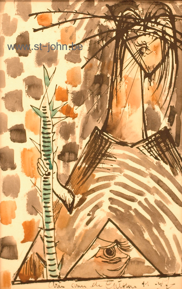 Arie Van de Giessen — <p>
	<strong>Arie Van de Giessen</strong> (1896-1950), Christ with the all seeing eye, mixed media on paper, 49 x 31cm (day measures), signed &amp; dated 11-47 (for November 1947) bottom right, exhibition label at the back.</p>