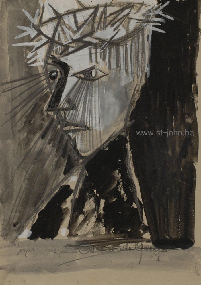 Arie Van de Giessen — <p>
	<strong>Arie Van de Giessen</strong> (1896-1950), Jezus, mixed media on paper, in grey and blue, 35 x 25 cm, signed, titled Jezus n&deg;2 &amp; dated '47 januari (for january 1947) bottom centre.</p>