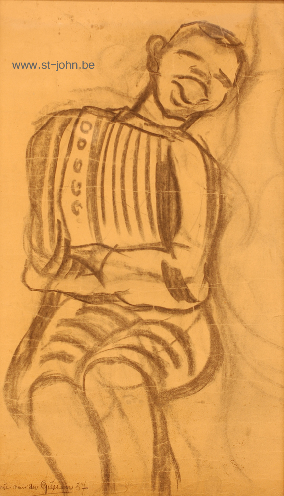 Arie Van de Giessen — <p>
	<strong>Arie Van de Giessen</strong> (1896-1950), The Laughing Child, charcoal on paper, 76,5 x 44 cm (day measures), signed &amp; dated '37 (for 1937) bottom left, exhibition label 1987 St-Martens-Latem at the back.</p>