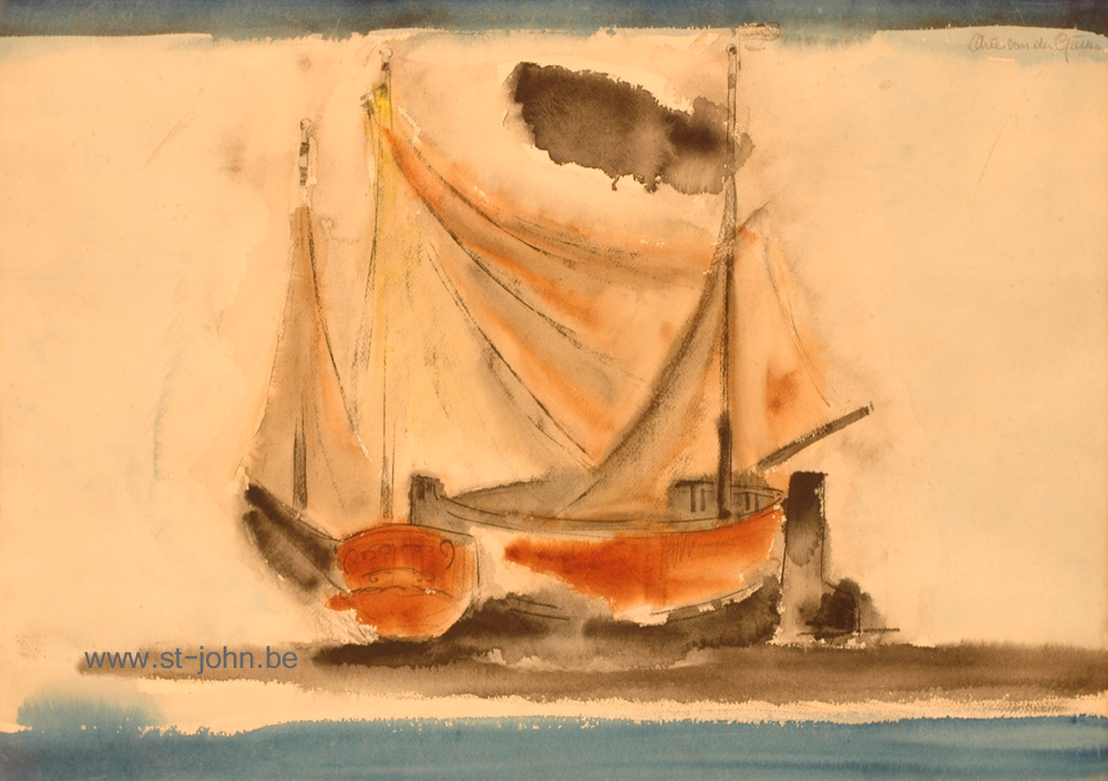 Arie Van de Giessen — <p>
	<strong>Arie Van de Giessen</strong> (1896-1950), Twee Vissersboten, fishing boats on a river, mixed media on paper, 44 x 62 cm (day measures), signed above right, exhibition label Gent on the back, ex-coll. Herdener.</p>