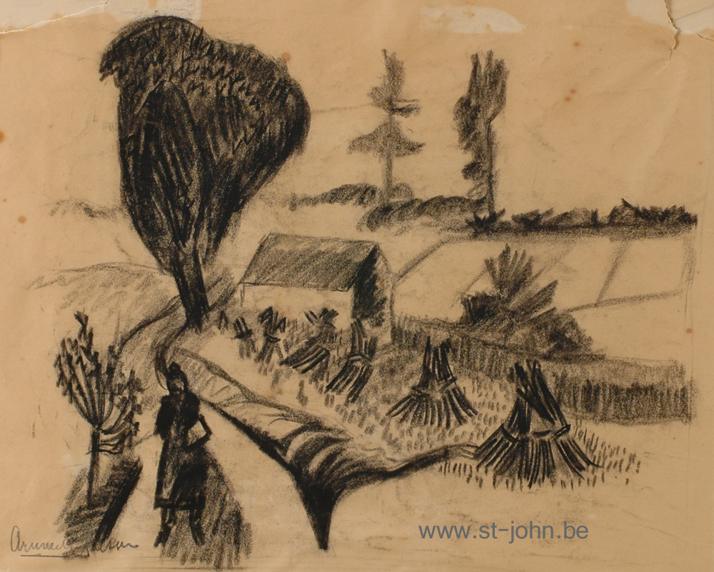 Arie Van de Giessen — <p>
	<strong>Arie Van de Giessen</strong> (1896-1950), a study of a landscape with figure (Grimbergen?), charcoal on paper, 27 x 31,5 cm, signed bottom right. (Unframed)</p>