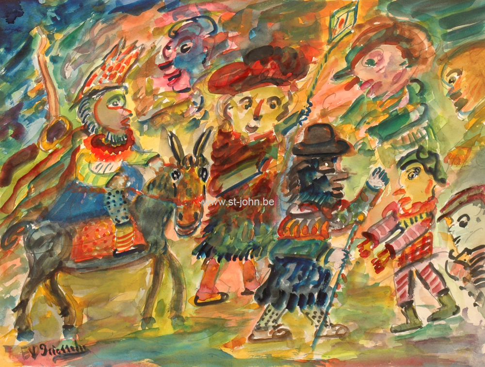 Ernest Van den Driessche — <p>
	<strong>Ernest Van den Driessche</strong> (1894-1985): Stoet van Sint-Niklaas, gemengde techniek op papier, 27 x 35,5 cm (dagmaat), gesigneerd.</p>