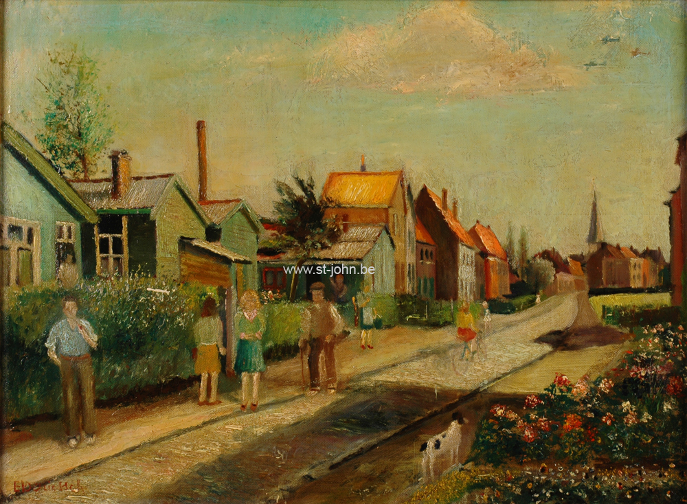 Ernest Van den Driessche — <p>
	<strong>Ernest Van den Driessche</strong> (1894-1985): Straatje met noodbarakken bij Oudenaarde, olie op board, gesigneerd en gedateerd 1945, 46,5 x 62,5 cm.</p>