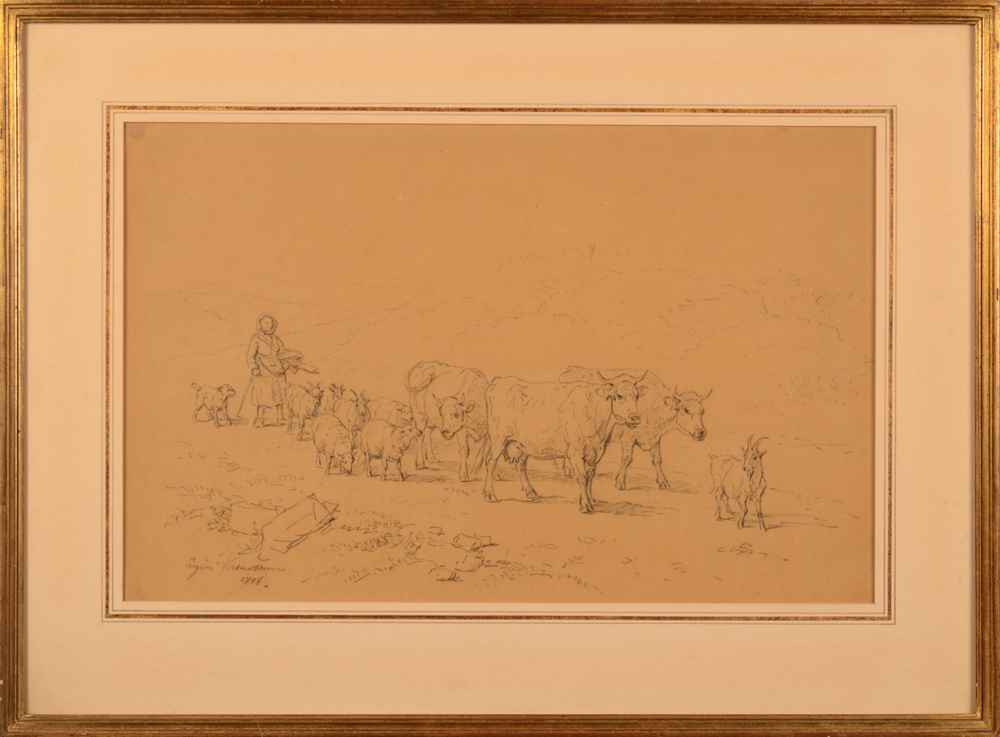 Eugene Verboeckhoven — Beau dessin achevé du maître, signé et daté.&nbsp;
