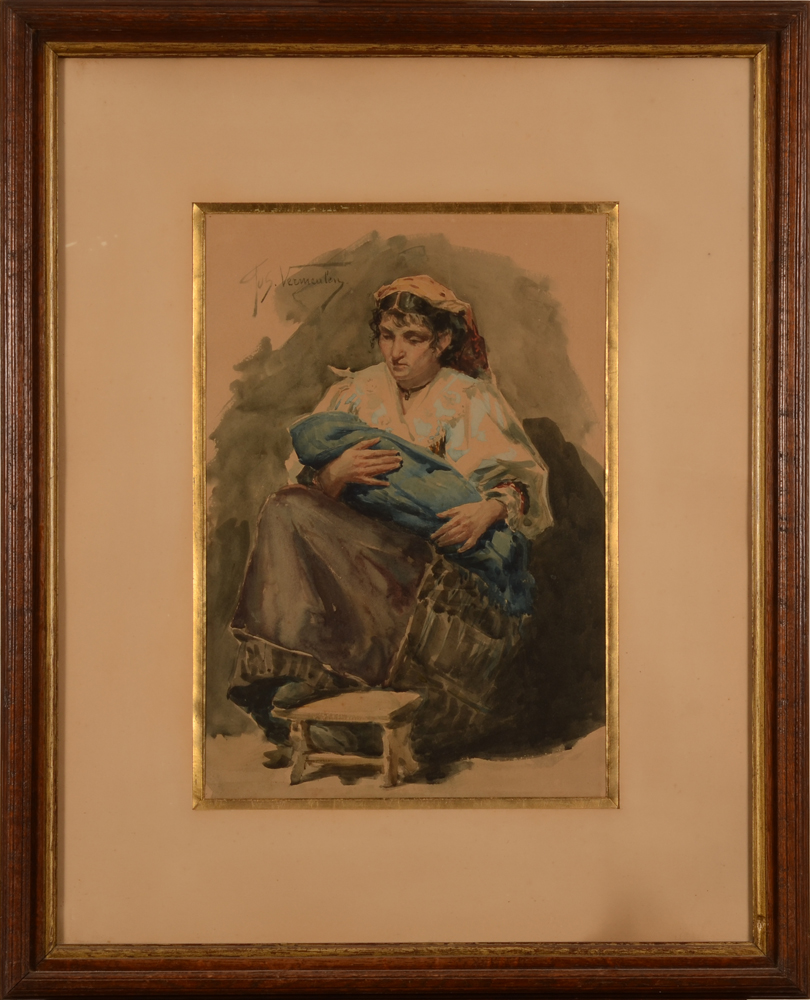 Joseph Vermeulen — <p>Aquarelle, 19me, mère et enfant, signée</p>