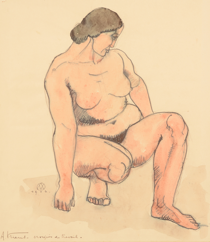 Antoine Vriens — Nu accroupie, aquarelle sur papier, signée et datée&nbsp;