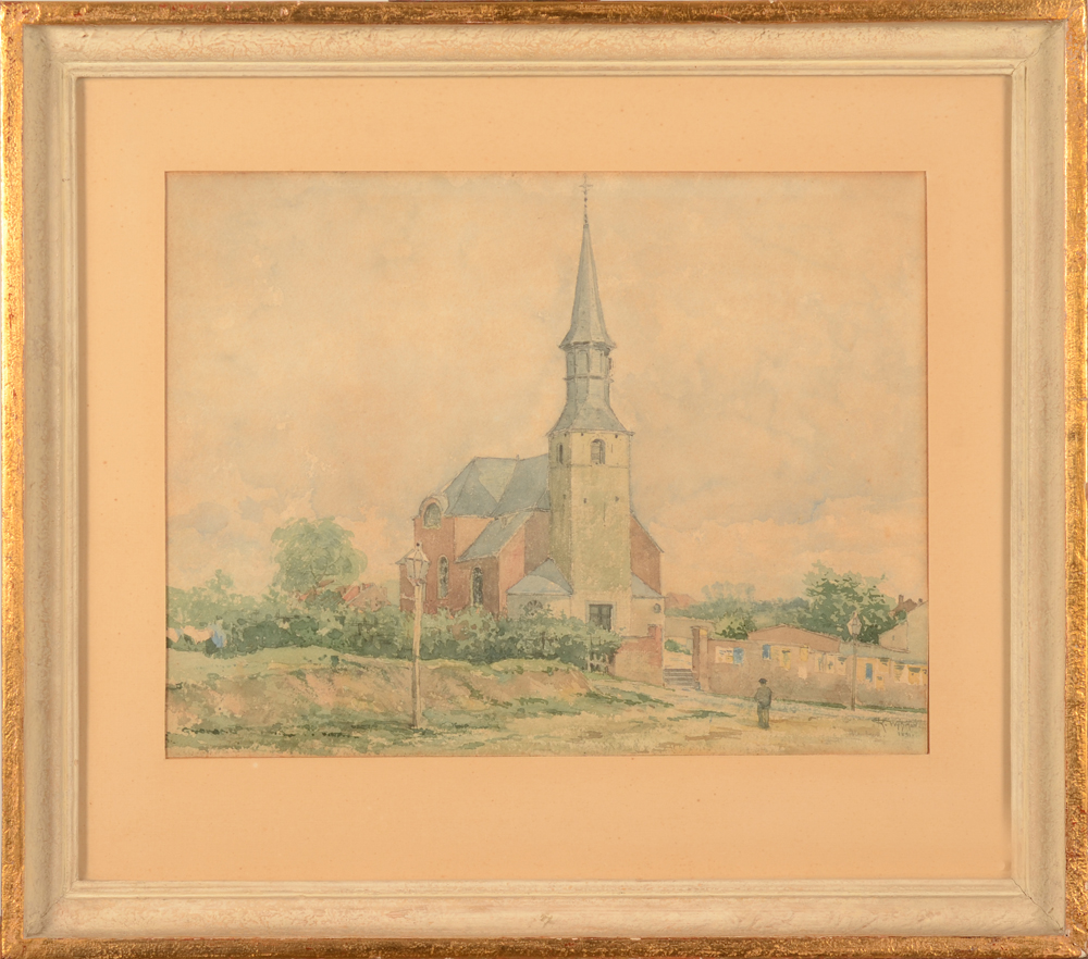 Rodolphe Wytsman Etterbeek Church — Framed watercolour, view of the old St Gertrude church at Etterbeek, Brussels