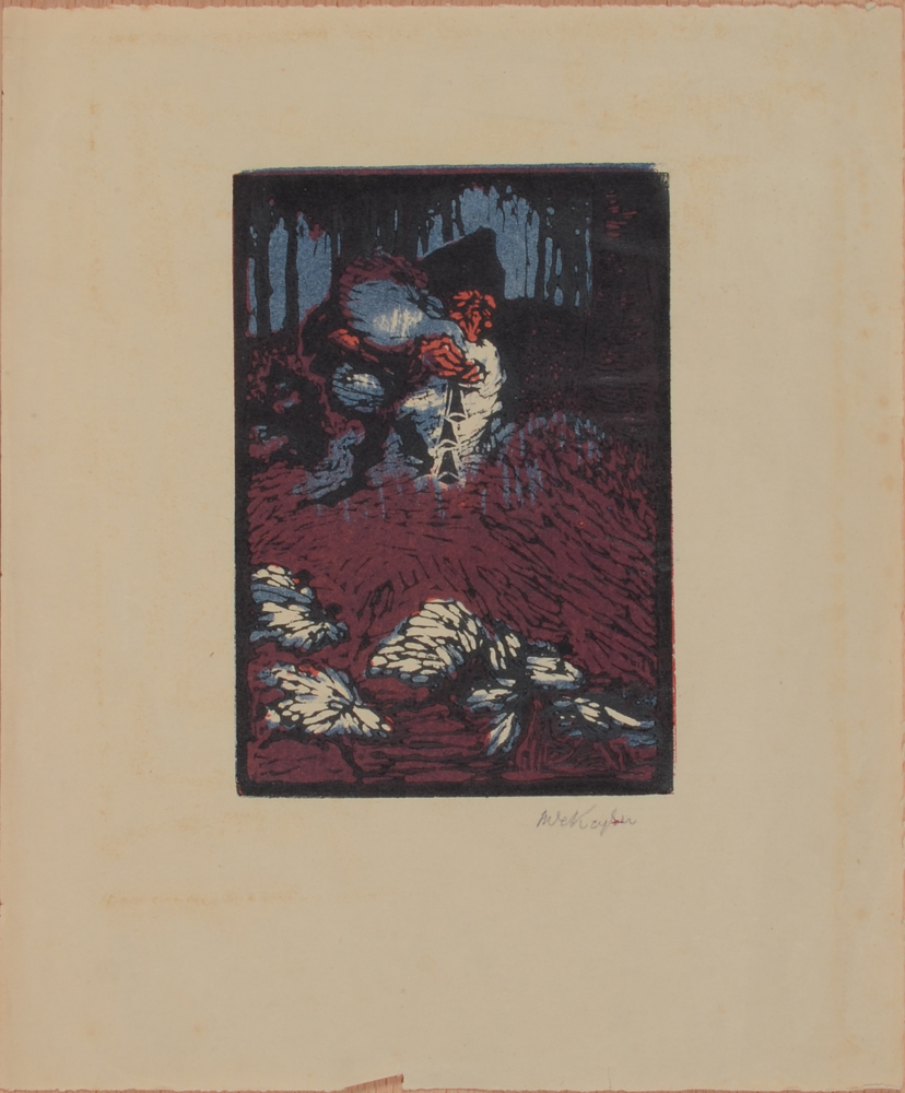 Marie De Keyser colour woodcut — Très rare gravure sur bois en couleurs expressionniste de Marie De Keyser, signée par l'artiste.