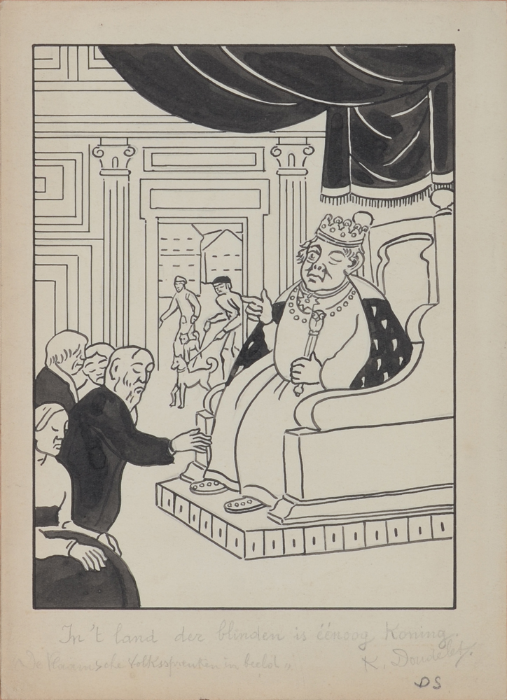 Charles Doudelet 'In't land der blinden is éénoog koning' ink drawing  — Ancien proverbe flamand, interprêté par Doudelet, dessin à l'encre de chine.<br>