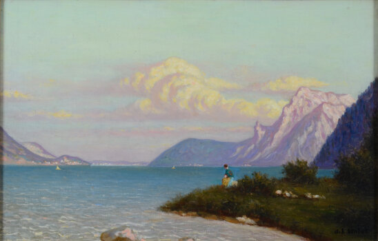 Achille Bentos a view of the Traunsee, Austria, oil on canvas