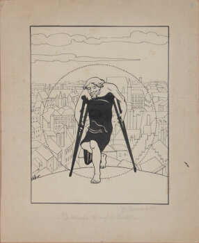 Charles Doudelet De wereld springt op krukken  Ink drawing
