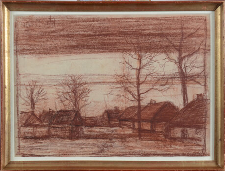 Jakob Smits a village (recto) and portrait study of a man (verso), drawings in bistre and charcoal