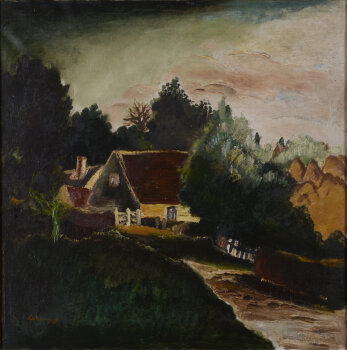 Albert Claeys an expressionist landscape with a green tree, oil on canvas