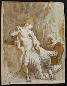 Ink and washed ink drawing of a mythological scene in classical style