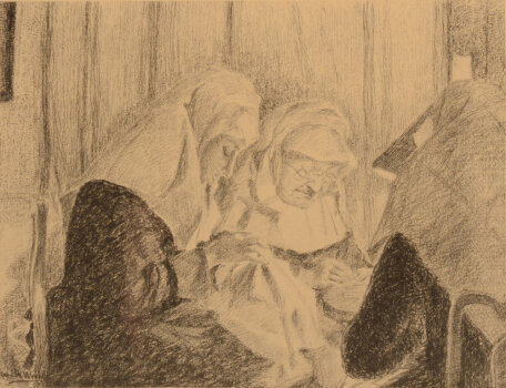 Anna de Weert embroidering in the evening 1897
