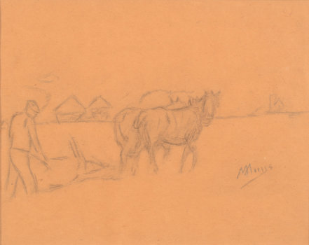 Modest Huys drawing of a farmer ploughing