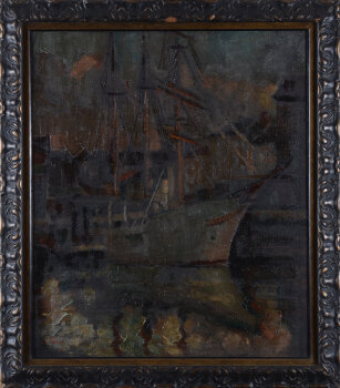 Emile Feront an evening view of a docked ship