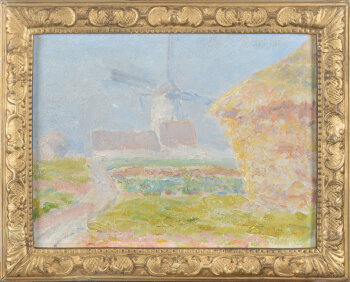 Georges Buysse impressionist landscape with windmill and haystack