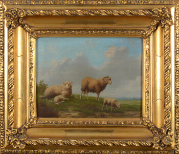 A victorian romantic painting of a family of sheep in a meadow