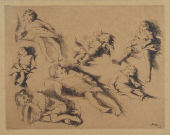 Jenny Montigny etching sleeping child in 7 poses 1922