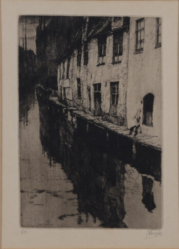 Jules De Bruycker Quai de l'écluse à Gand 1932, an original etching