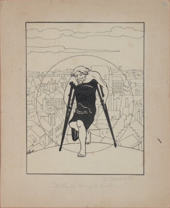 Charles Doudelet De wereld springt op krukken  Ink drawing