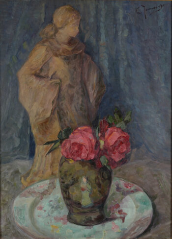 Clémence or Clementine Jonnaert Still life with sculpture by Sarteel and porcelain