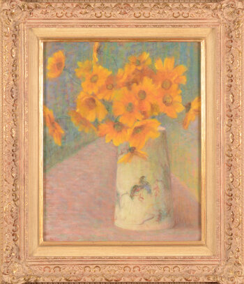 Carolus Tremerie Yellow flowers in an oriental jug pastel