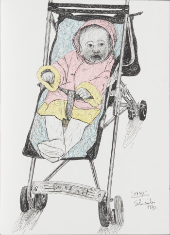 Jürgen Schneider '1942'  drawing of a child in a stroller 1985-1986