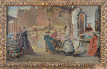 Auguste Serrure Scene at a market, a rare oil sketch