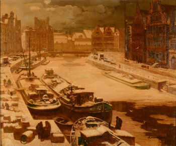 Alfons De Cuyper large view of Ghent, Korenlei and Kraanlei in the snow