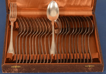 Delheid Frères 12 silver entree forks and 12 spoons model 30B rubans croises