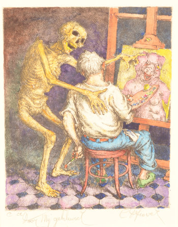 Camille D'Havé Painter receiving guidance of an ancient master etching