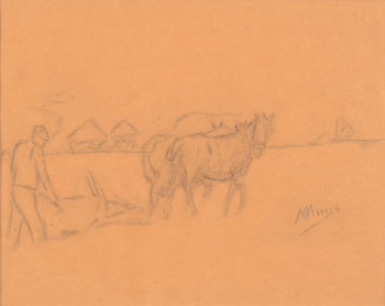 Modest Huys drawing of a farmer ploughing