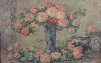 Clemence Jonnaert roses in a blue vase