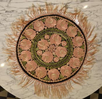 A round original art deco embroidery green-pink