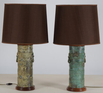 A pair of probably 1980's table lamps in Chinese Archaic bronze style
