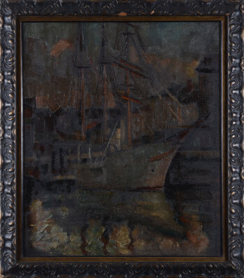 Emile Feront an evening view of a docked ship