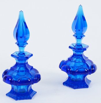 A pair of blue cut crystal perfume bottles, probably for the Ottoman market