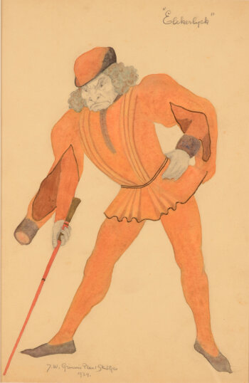 Jan Willem Grinwis Plaat Stultjes costume design for Elckerlyck man with walking cane 1924
