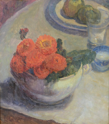 Louise Coupé Marigolds on the table, an oil on canvas